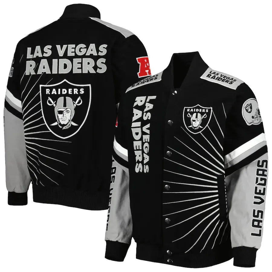 NFL Oakland Raiders Black Satin Bomber Style Graphic Sublimated Varsity Jacket