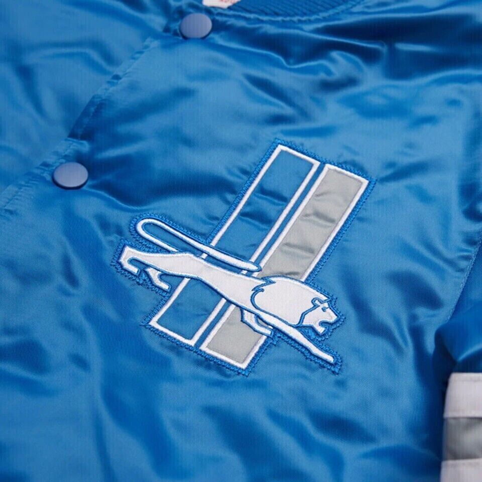 NFL Detroit Lions Vintage 80s Sky Blue Satin Letterman Baseball Varsity Jacket