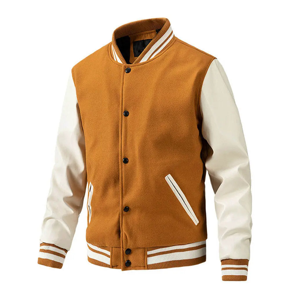 New Varsity Letterman bomber Jacket Camel Wool Body With  Leather Sleeves