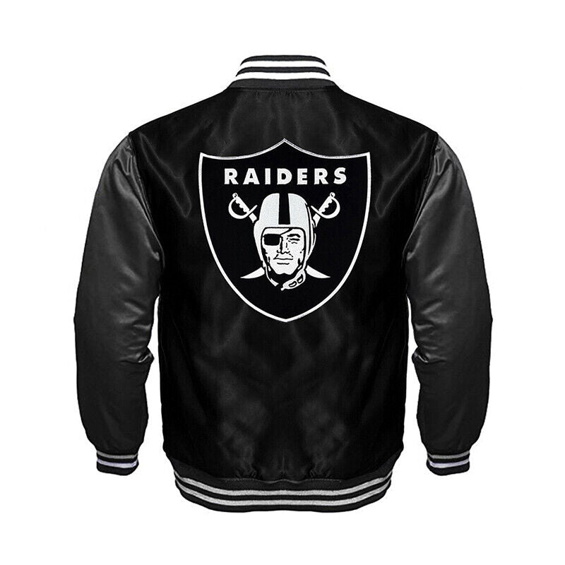 NFL Oakland Raiders Black Satin Bomber Varsity Jacket Embroidery logos