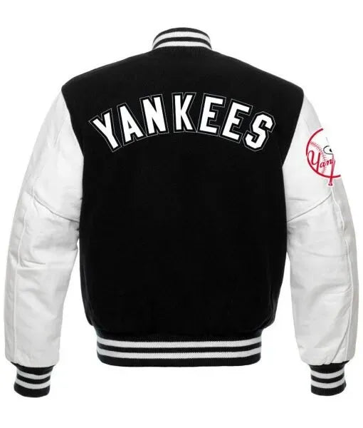 Men NY Yankees Black Wool Genuine Leather White Sleeves Letterman Varsity Jacket  Highland Gears (76