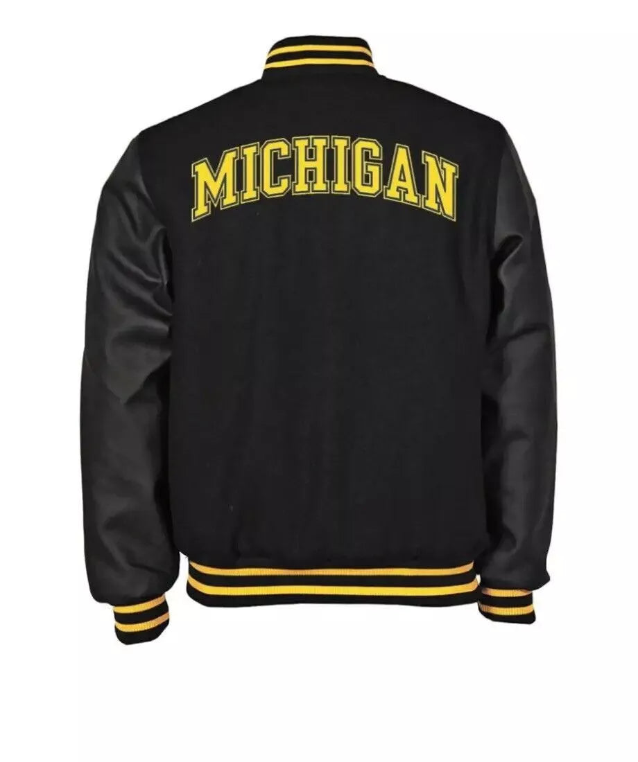 Mens Letterman Black Wool Black Leather Sleeves Michigan Varsity Jacket-02
