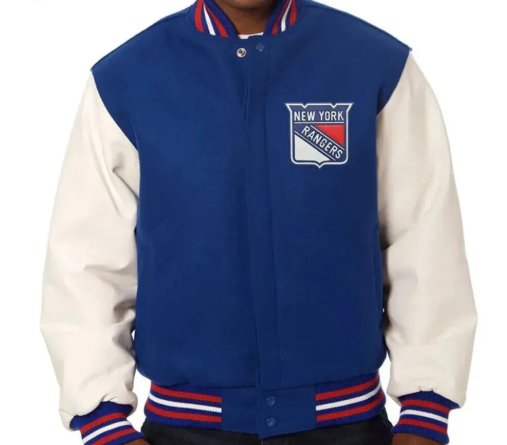 Letterman New York Rangers White and Royal Blue Varsity Jacket