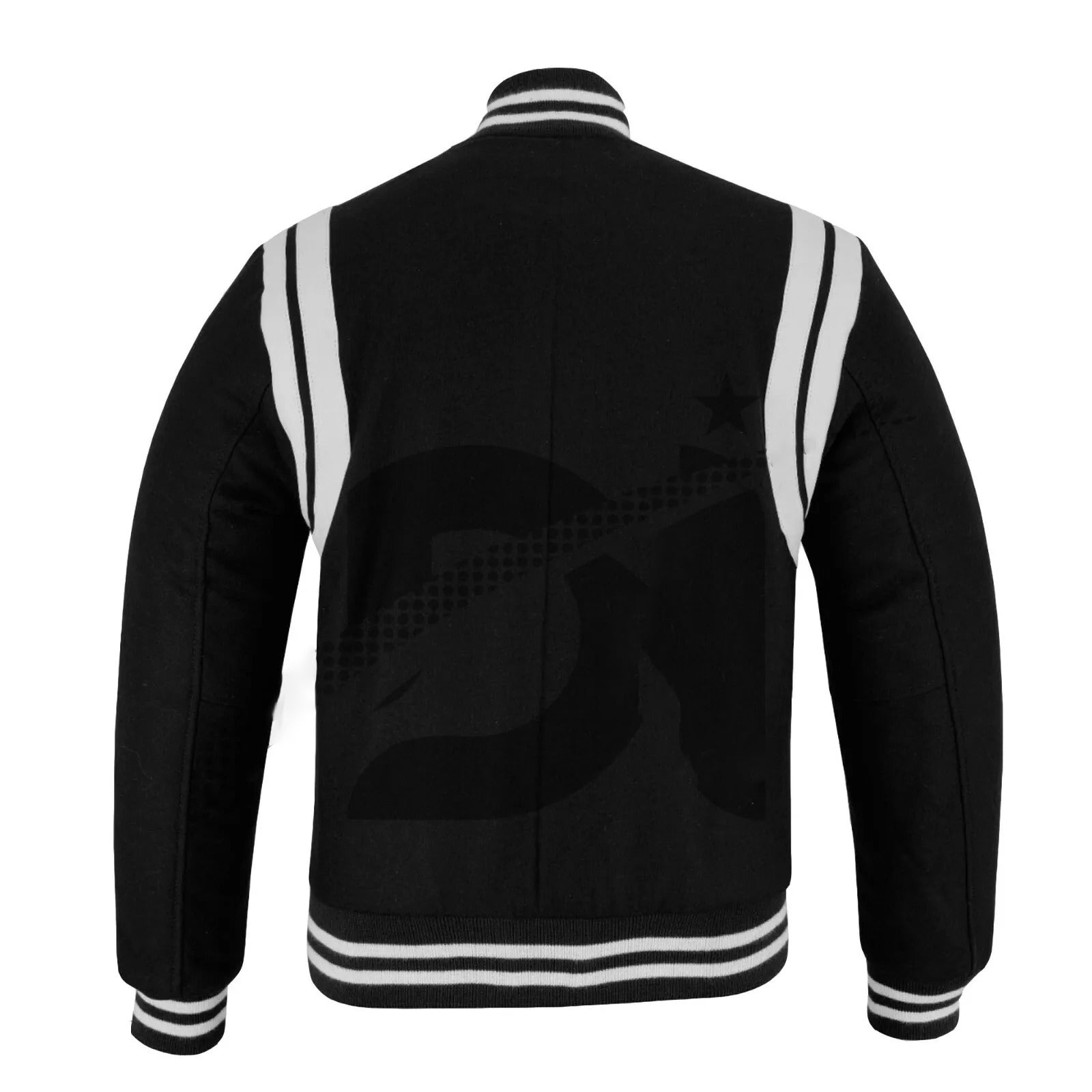 Varsity Bomber Baseball Teddy Black Wool & White Leather Strips Stylish Jacket