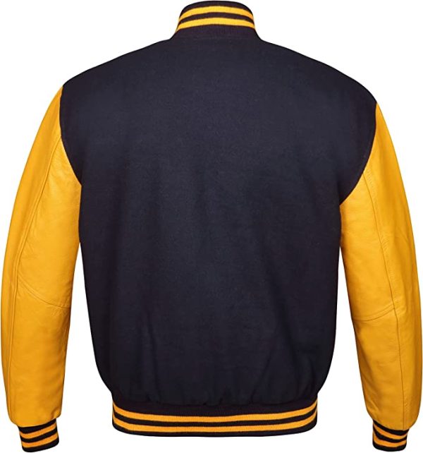 Varsity Bomber Letterman Retro Black Wool & Gold Real Leather Sleeves Jackets