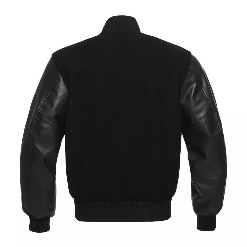 Varsity Letterman Solid Black wool Genuine Leather Sleeves bomber college Jacket