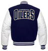 NHL-Edmonton Oilers Letterman Varsity Jacket Navy Genuine Wool &Leather Sleeves