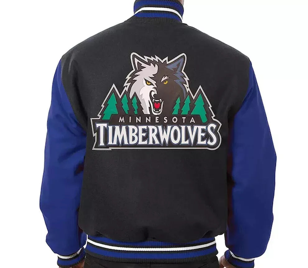 Letterman Minnesota Timberwolves Black and Royal Blue-All Wool Varsity Jacket