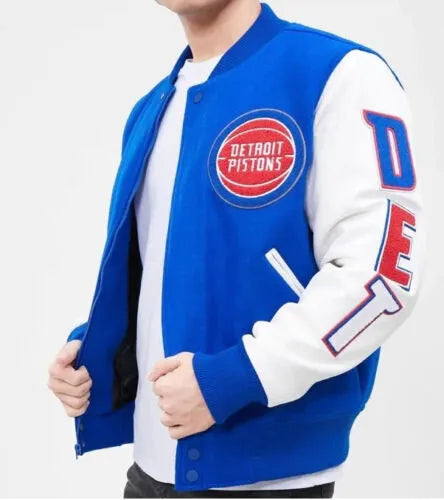 Letterman Detroit Pistons Blue and White Varsity Jacket