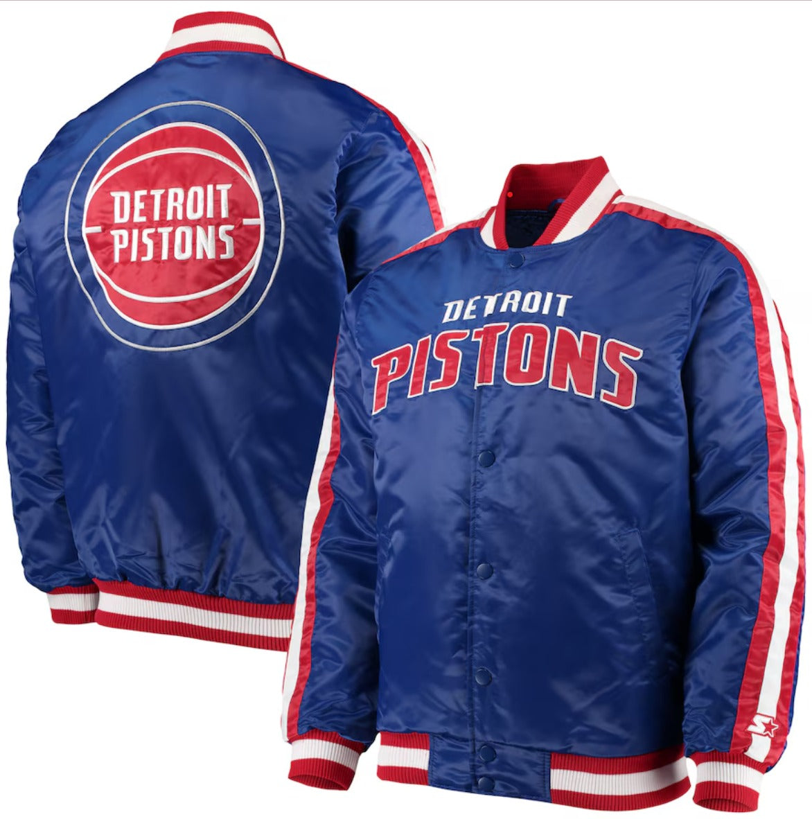 Men's Detroit Pistons Starter Blue The Offensive Varsity Satin Full-Snap Jacket