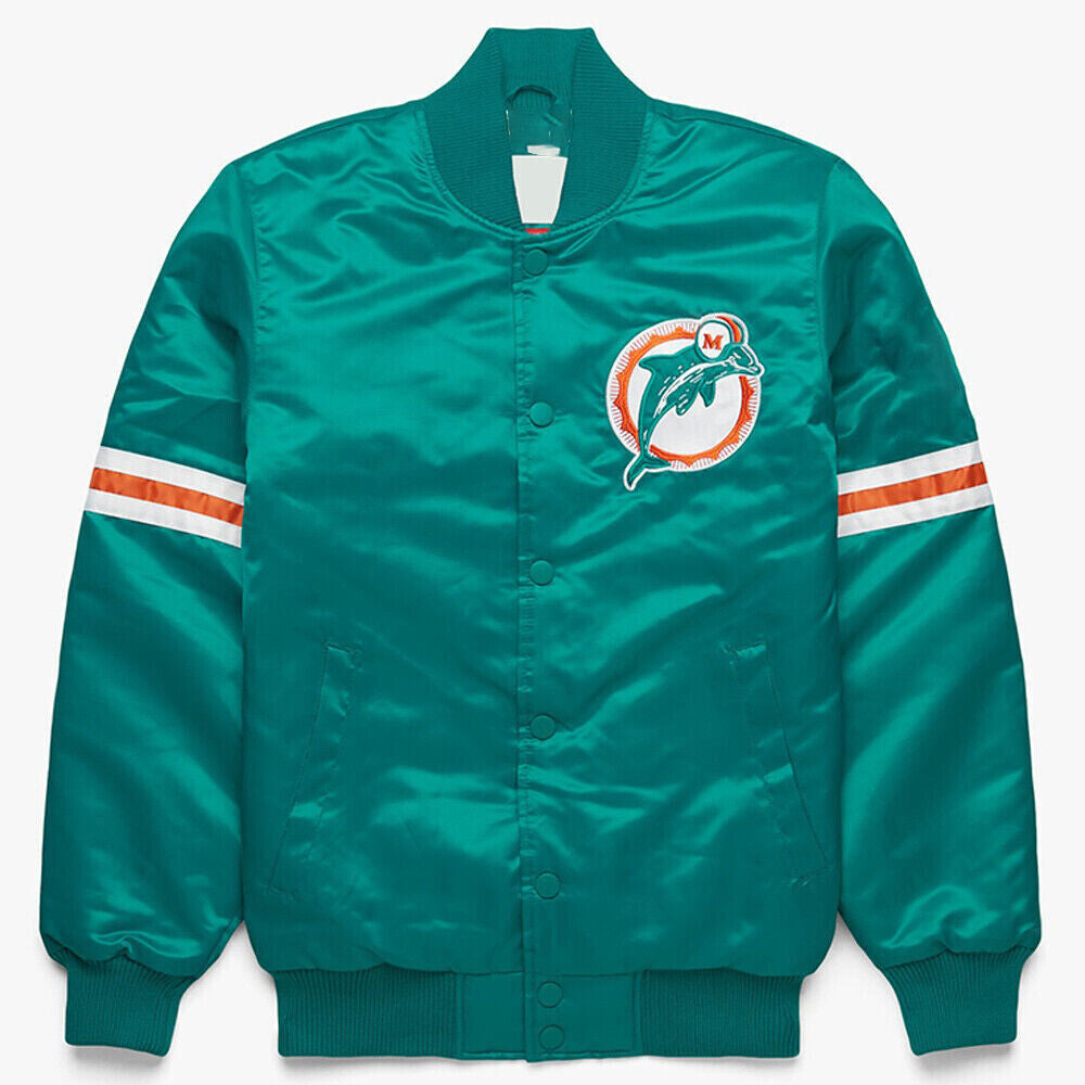 NFL Miami Dolphins Turquoise Satin Bomber Letterman Baseball Varsity Jacket