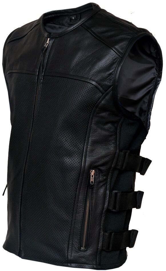 Mens Leather Motorcycle Vest Biker Waistcoat Perforated Leather Jacket