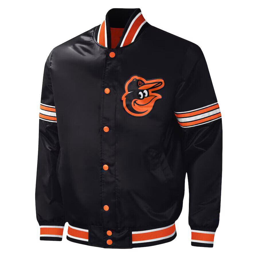 MLB Baltimore Orioles Black Satin Baseball Bomber Letterman Varsity Jacket