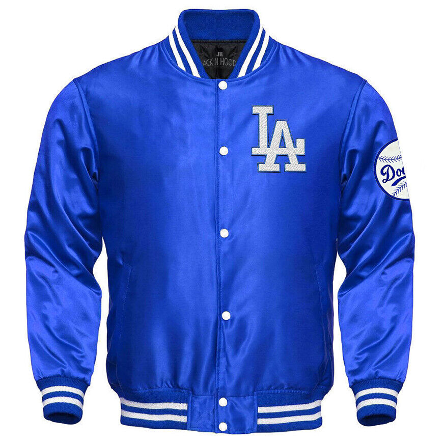 LA Dodgers Blue Satin Bomber Varsity Jacket Embroidery logos