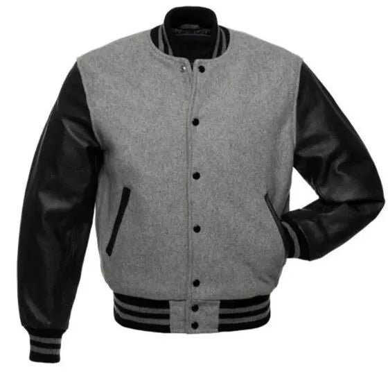 Classic Men's Varsity Letterman Jacket Grey Wool Body With Black Leather Sleeves