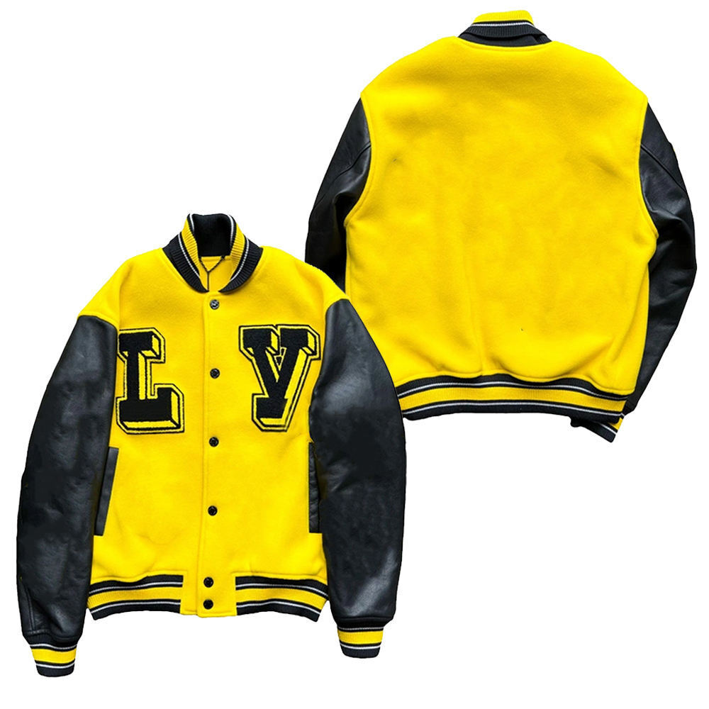 Varsity Letterman College Jacket Yellow Wool Body And Cowhide Leather Sleeves