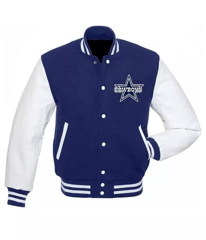 Mens Cowboys Varsity Letterman Jacket Blue Wool Body And Genuine Leather Sleeves