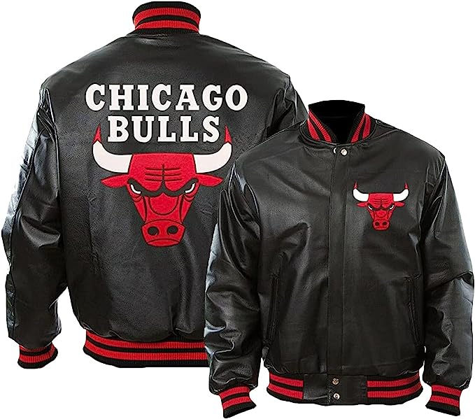 JILDISH Men’s Chicago Vintage Bomber Wool & Faux Leather Jacket Letterman Baseball Varsity Black and Red Bull Jacket