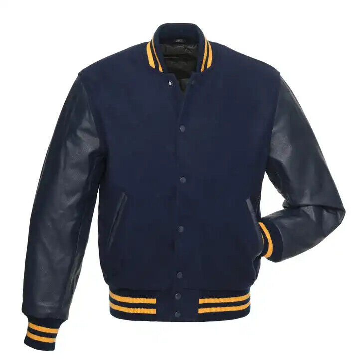 Letterman Baseball Bomber Varsity Jacket Navy Wool Body & Leather Sleeves Jacket