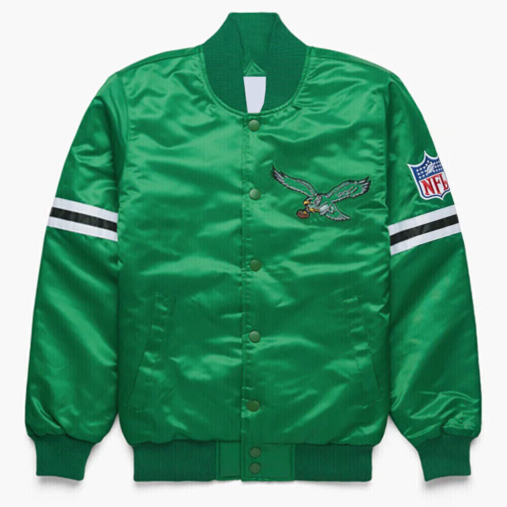 NFL Philadelphia Eagles Vintage 80s Bomber Letterman Baseball Jacket Green Satin