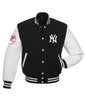 Men NY Yankees Black Wool Genuine Leather White Sleeves Letterman Varsity Jacket  Highland Gears (76