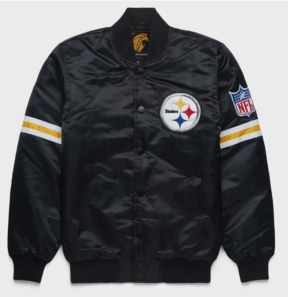 Black Classic style NFL Steelers Satin Varsity Jacket Embroidery logos