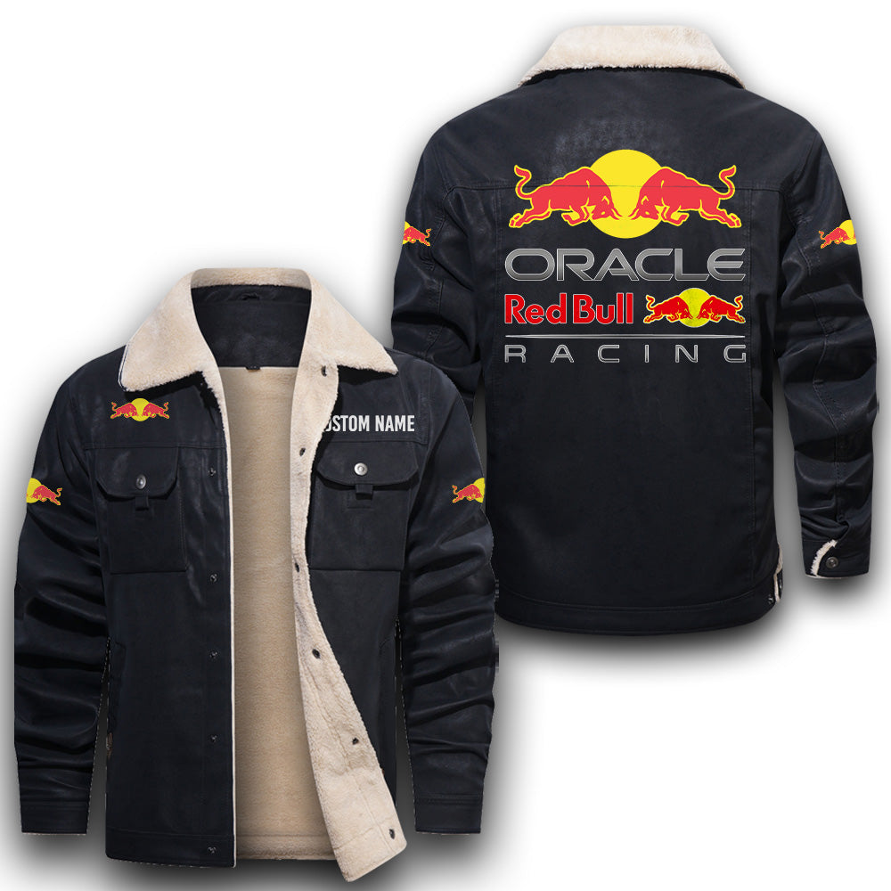 LEDERJACKE F1 Red Bull Sherpa-gefütterte Lederjacke, schwarz-brauner Vintage-Stil, individuell anpassbar mit Namen und Logo, Auto, Motormodell