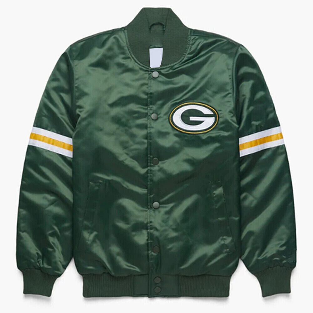 NFL Green Bay Packers Vintage 80s Green Satin Bomber Baseball Varsity Jacket