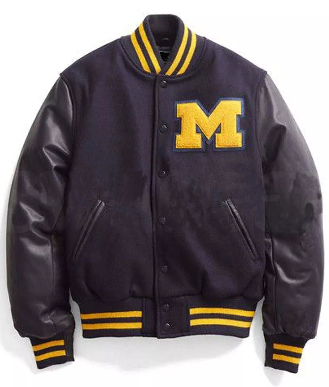 Mens Letterman Black Wool Black Leather Sleeves Michigan Varsity Jacket