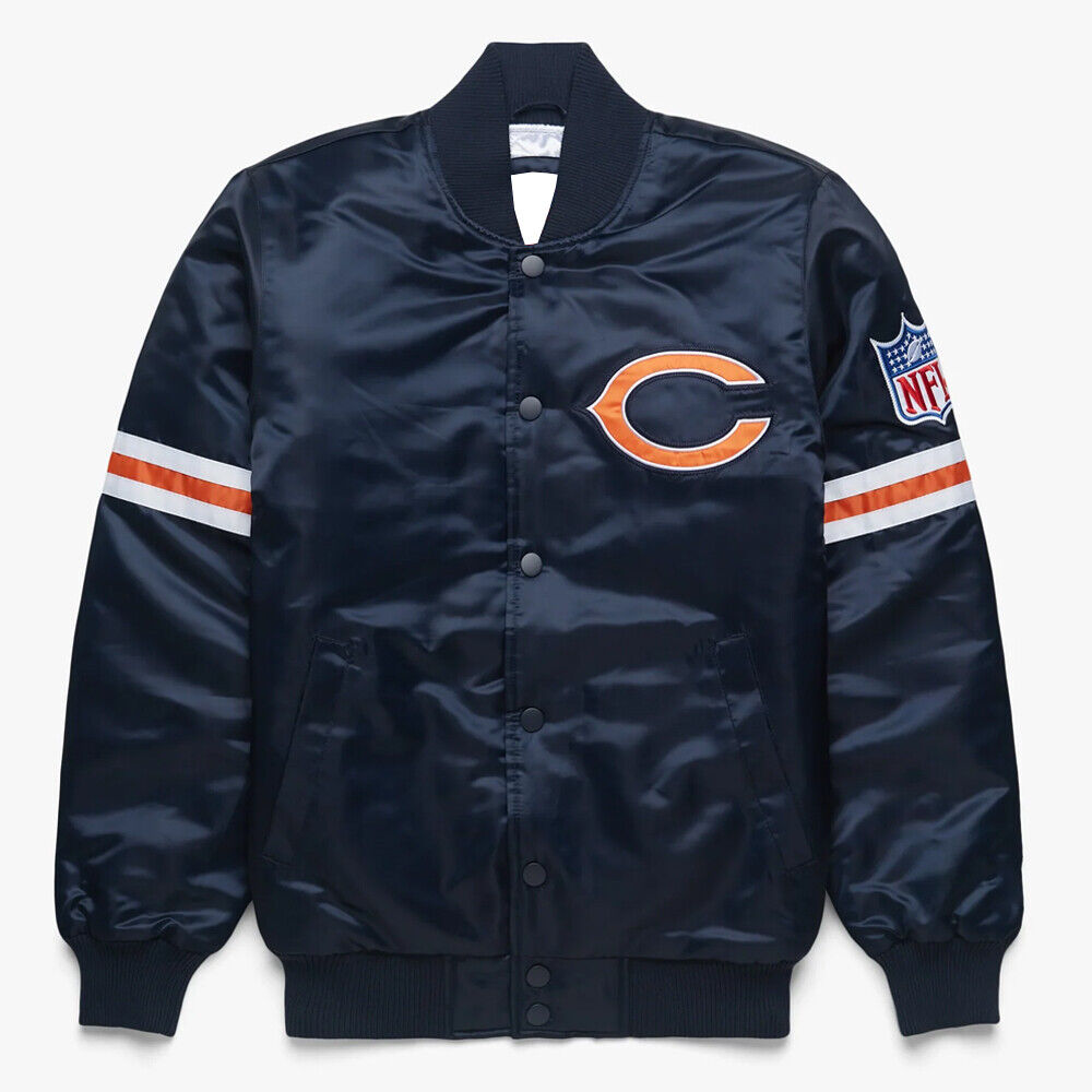 NFL Chicago Bears Navy Blue Satin Bomber Baseball Letterman Varsity Jacket