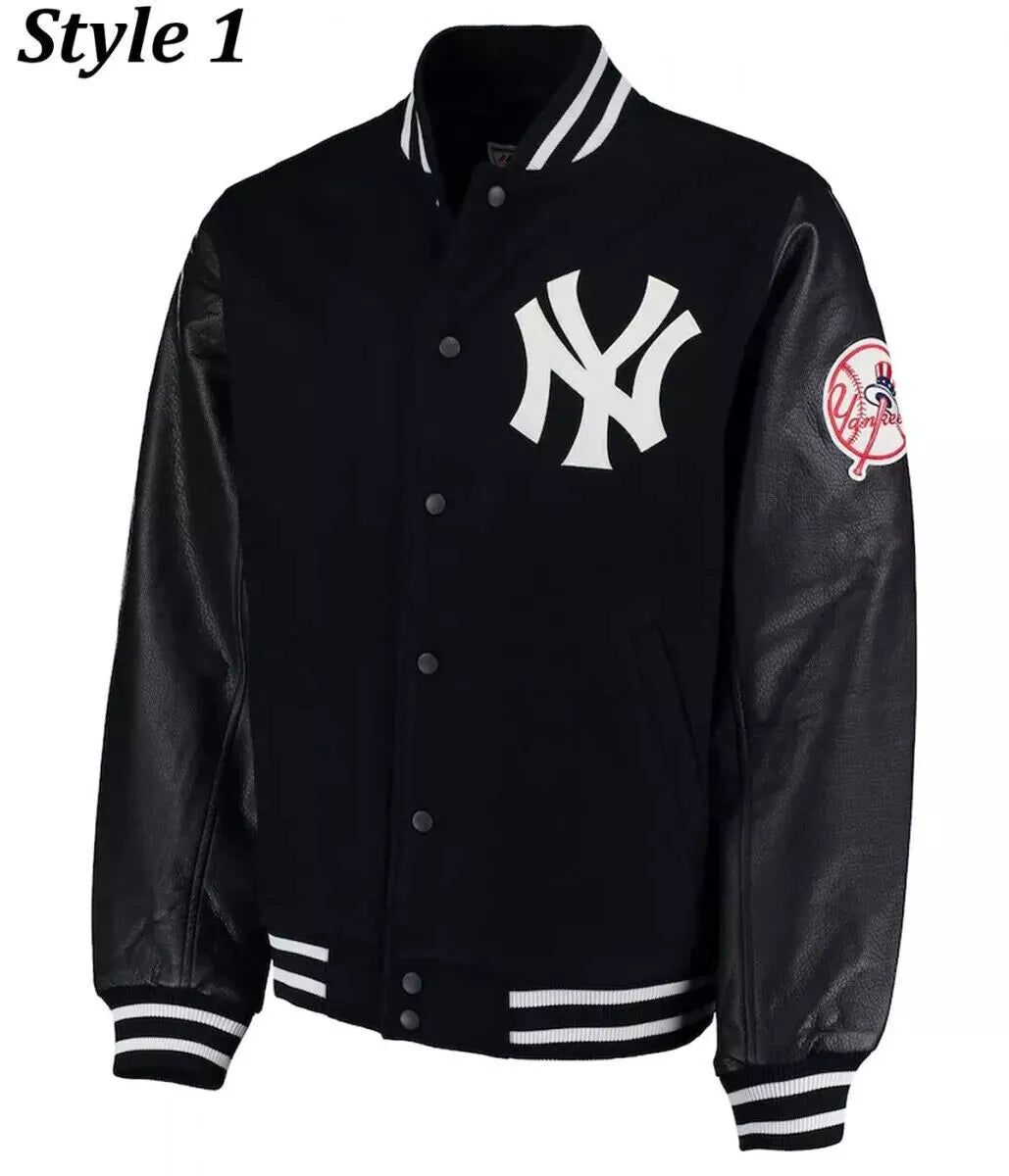 NY Yankees Men's Black Wool & Genuine Leather Sleeves Letterman Varsity Jacket