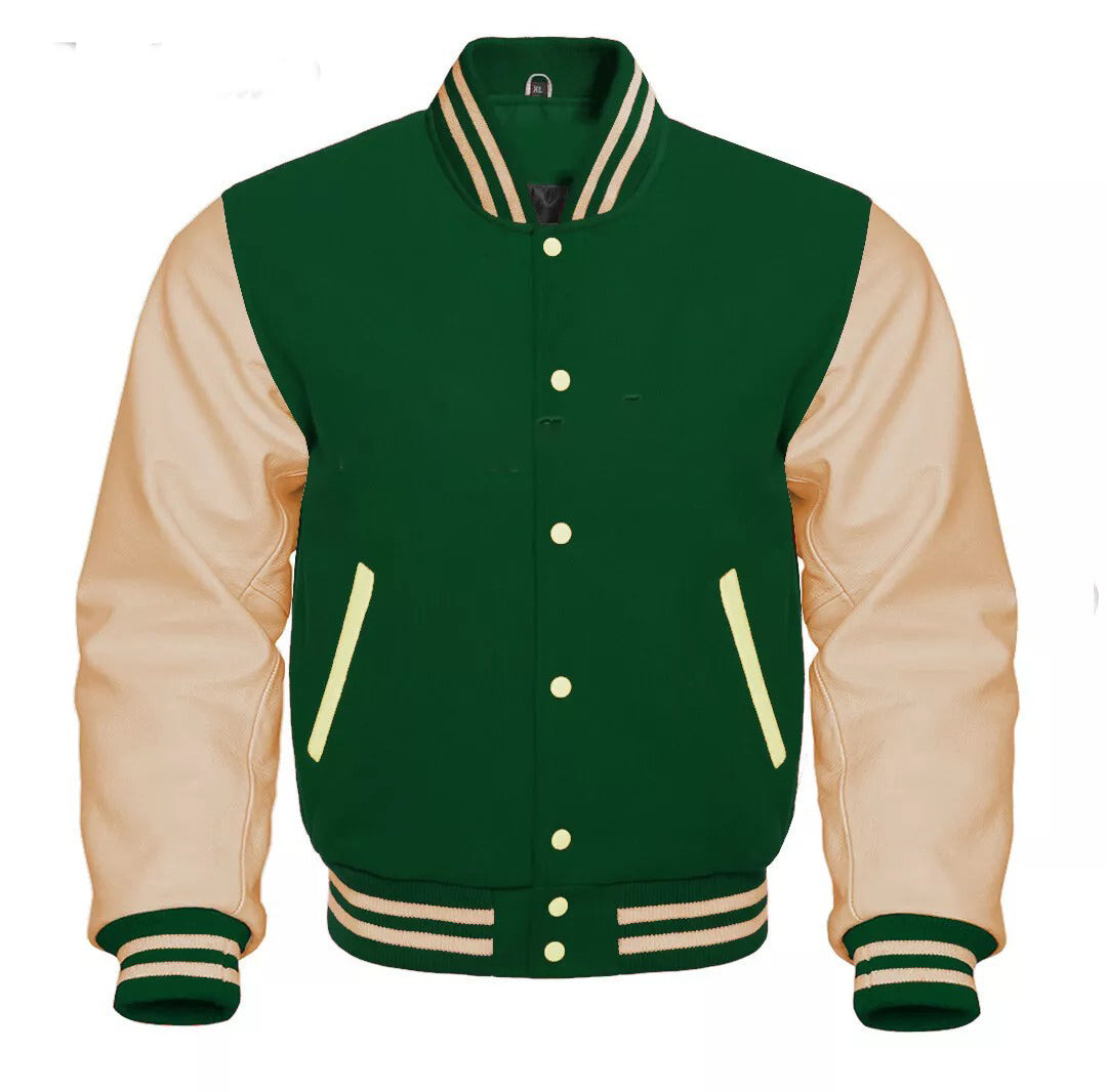Varsity Letterman Bomber Baseball College Jacket Wool & Real Leather Sleeves