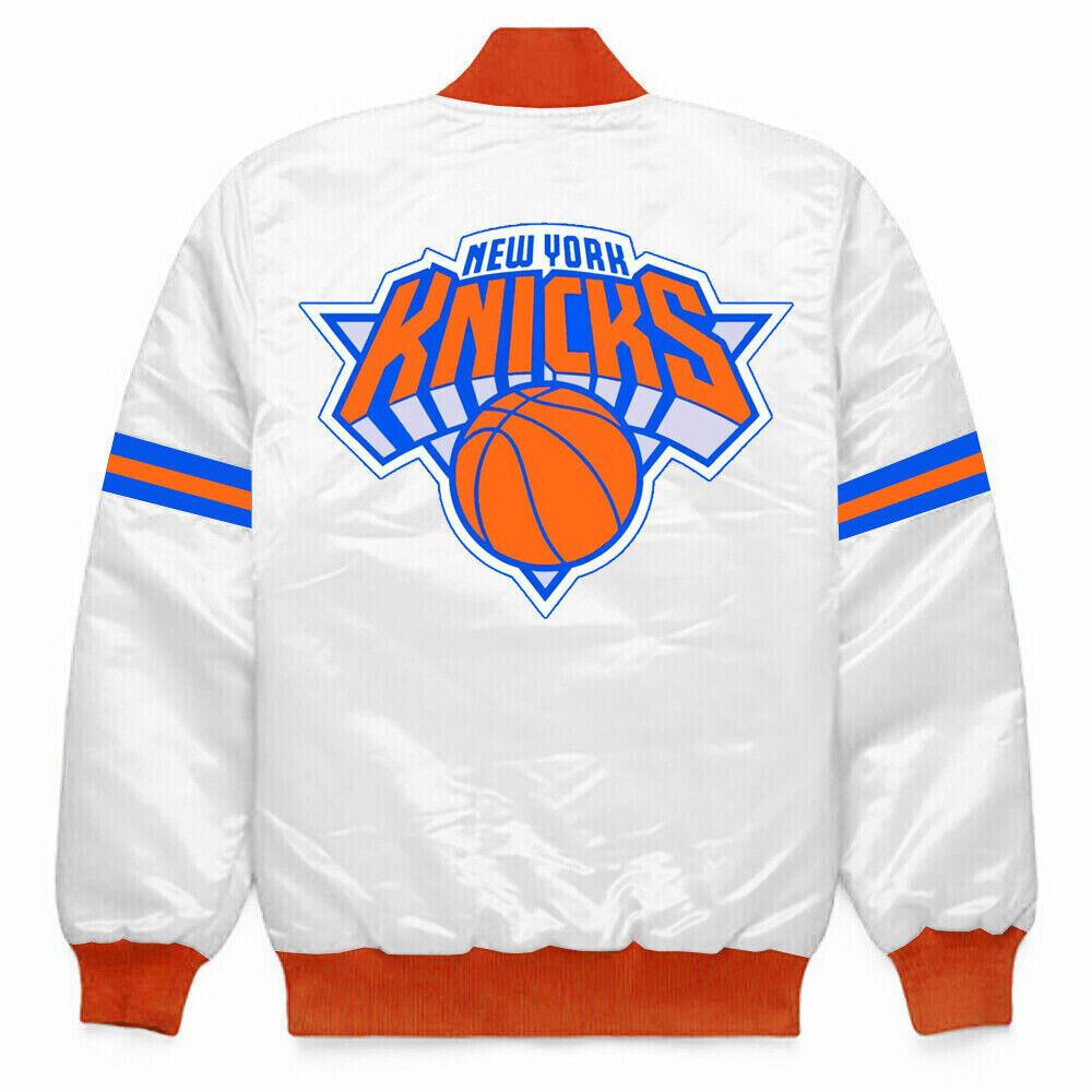 NBA New York Knicks Vintage White Satin College Baseball Bomber Varsity Jacket