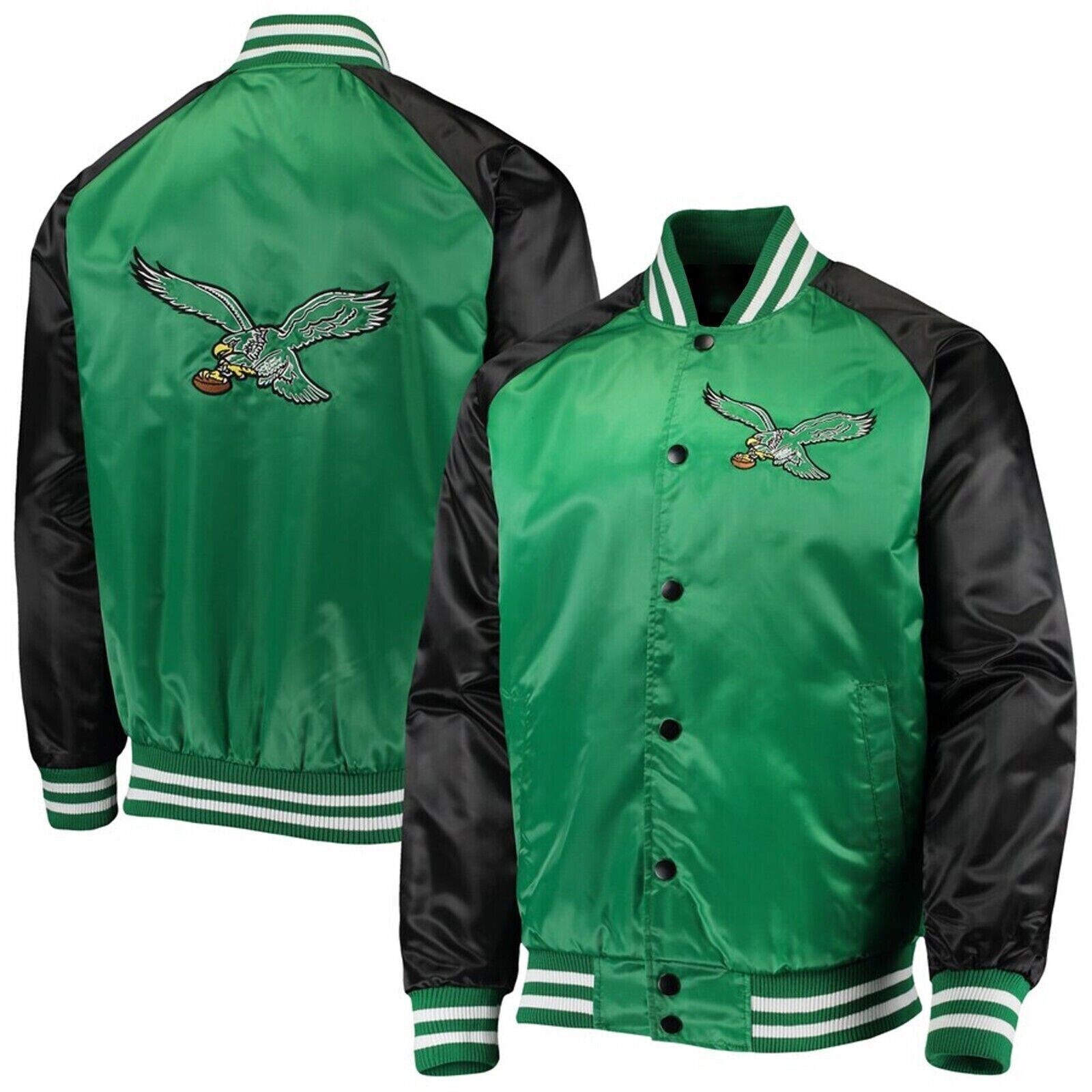 NFL Philadelphia Eagles 80s Green/Black Satin Bomber Baseball Varsity Jacket