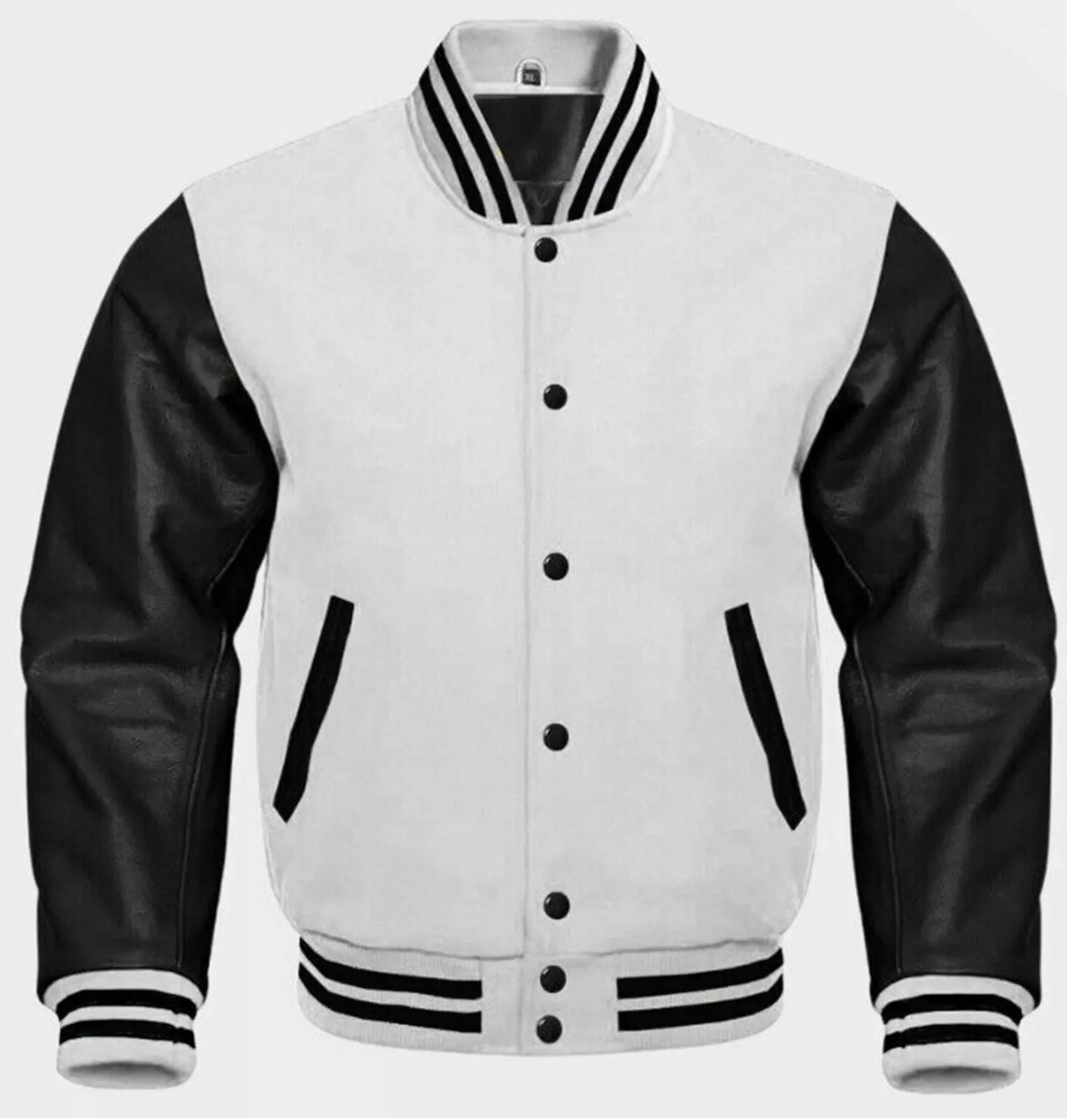 Varsity Baseball College Lettermen Bomber White Wool & Black Leather Jacket