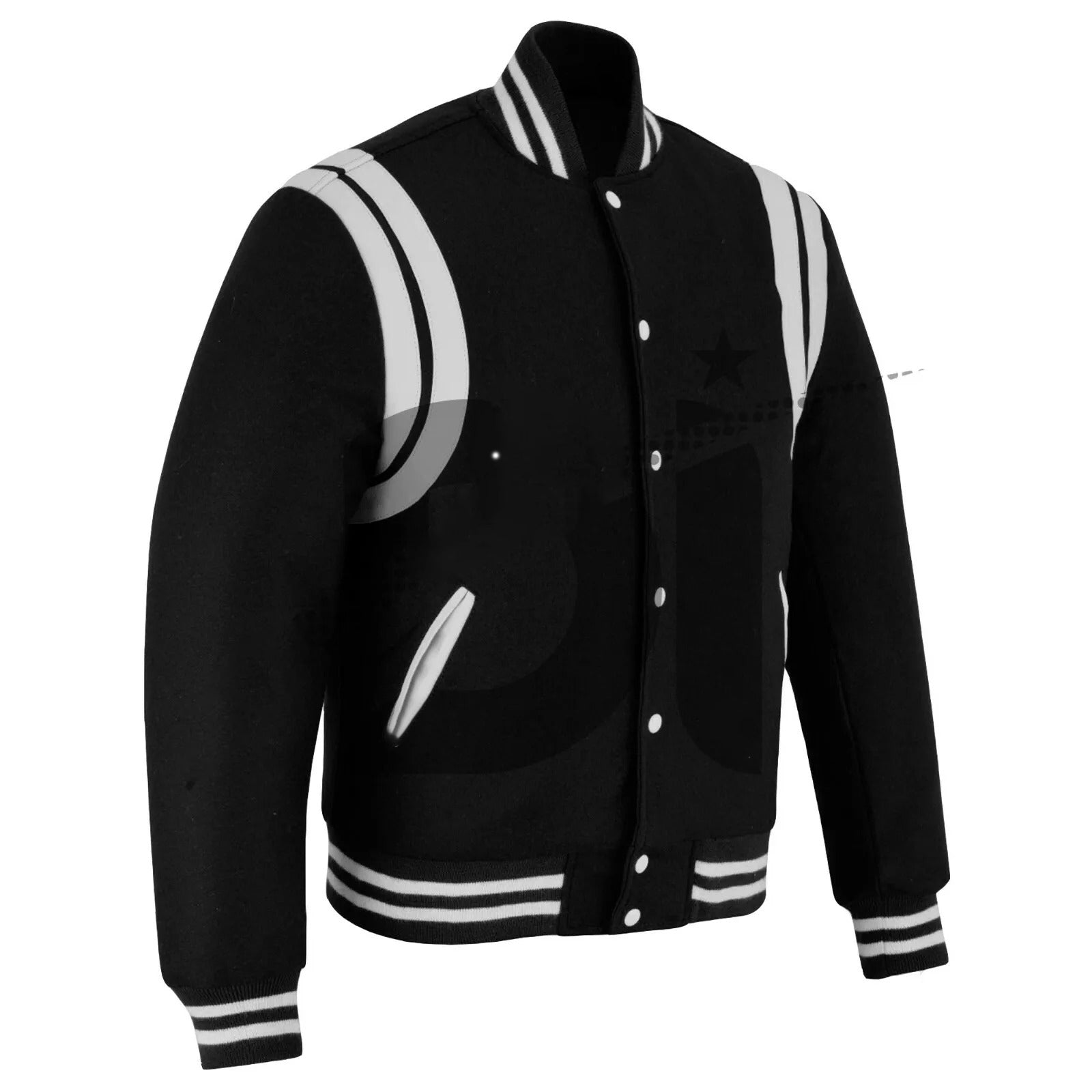 Varsity Bomber Baseball Teddy Black Wool & White Leather Strips Stylish Jacket