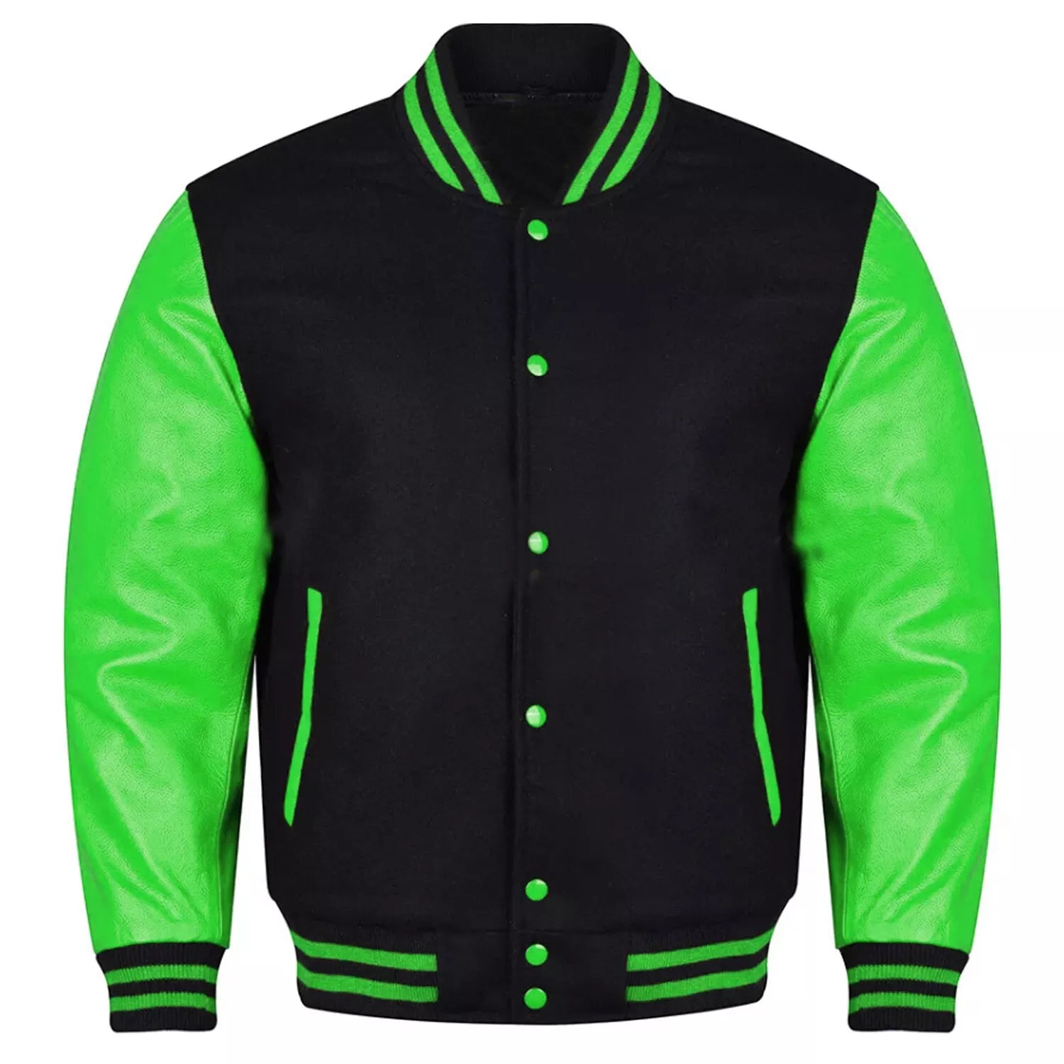 Varsity Black Letterman Baseball Wool &Green Real Leather Sleeves Jacket