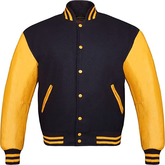 Varsity Bomber Letterman Retro Black Wool & Gold Real Leather Sleeves Jackets