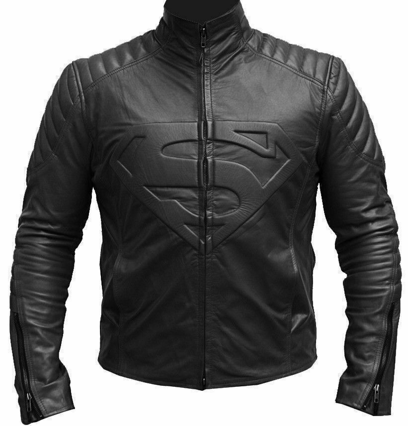 Superman Smallville Man of Steel Shield Genuine Black Leather Jacket