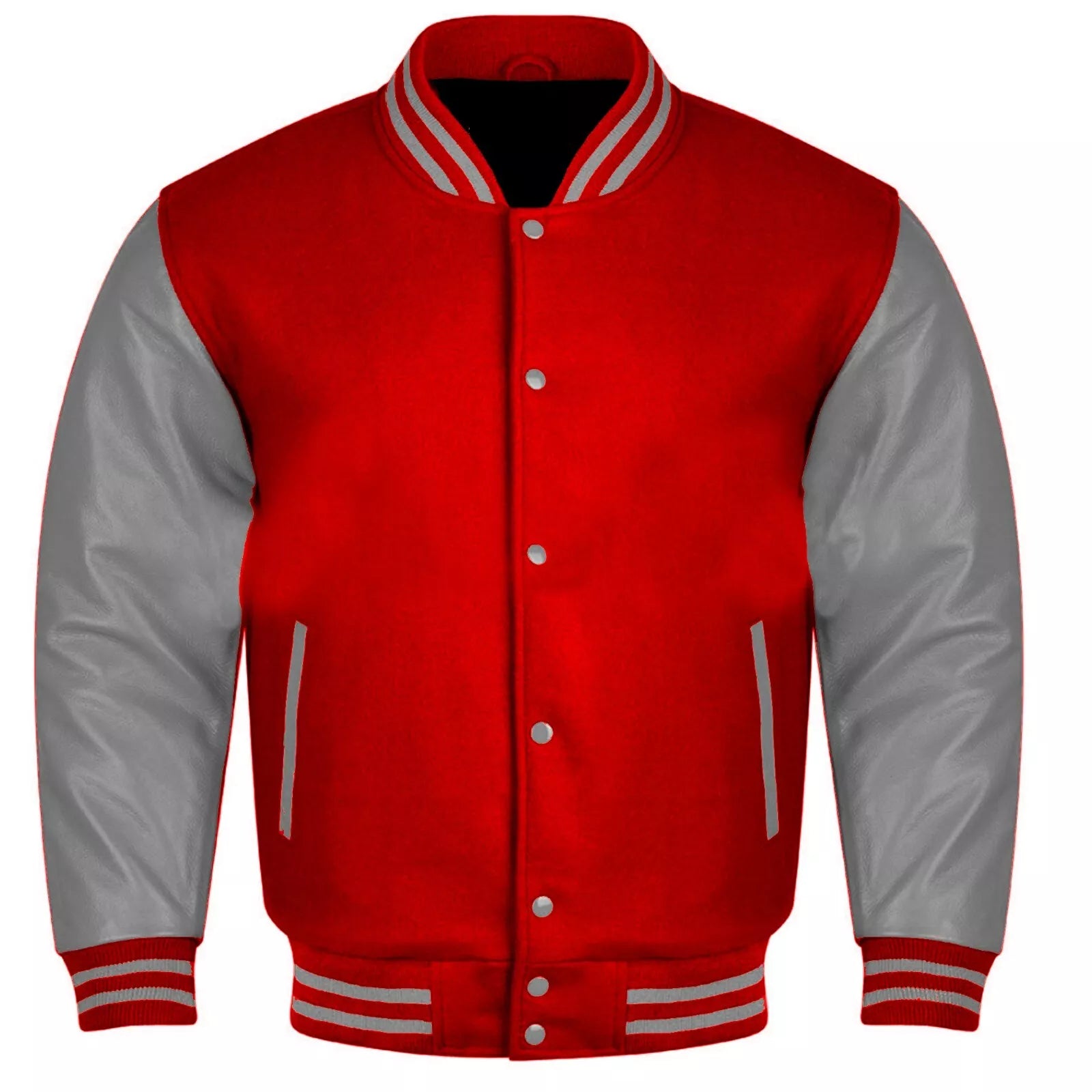 Varsity Baseball College Lettermen Retro Bomber Red Wool & Grey Leather Jacket