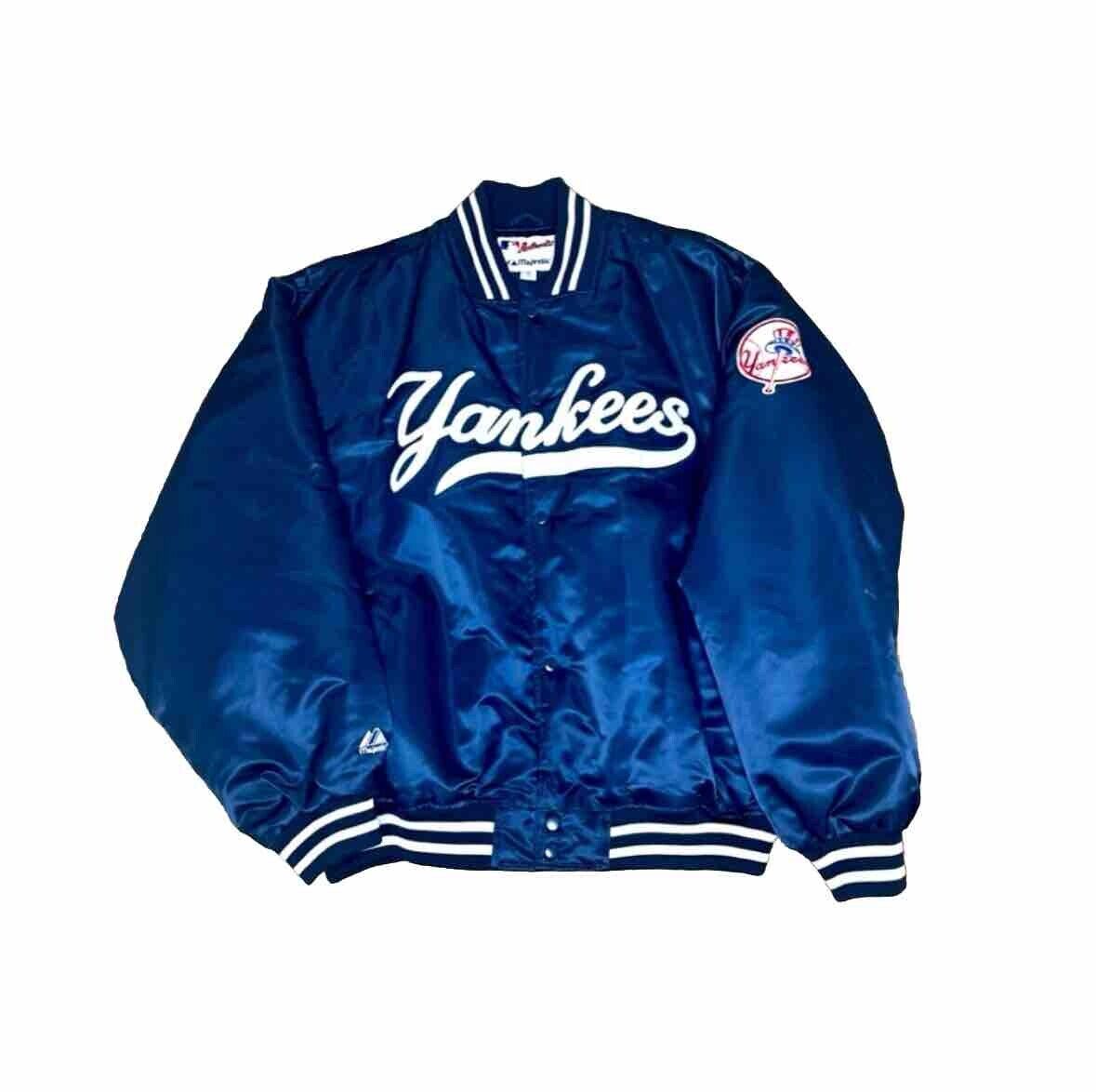 NY Yankees Vintage 90s Athletic Jacket Blue Satin Bomber Style Varsity Kartex Suits