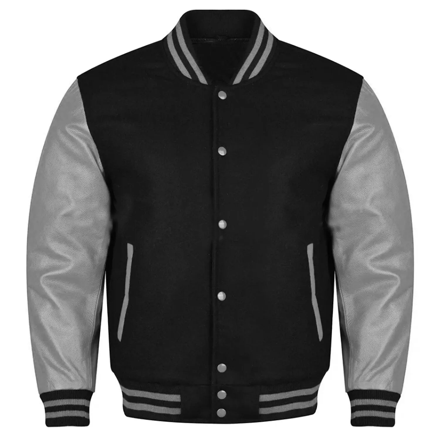 Varsity Black Letterman Baseball Wool &Grey Real Leather Sleeves Jacket