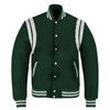 Varsity Bomber Baseball Teddy F-Green Wool & White Leather Strips Stylish Jacket