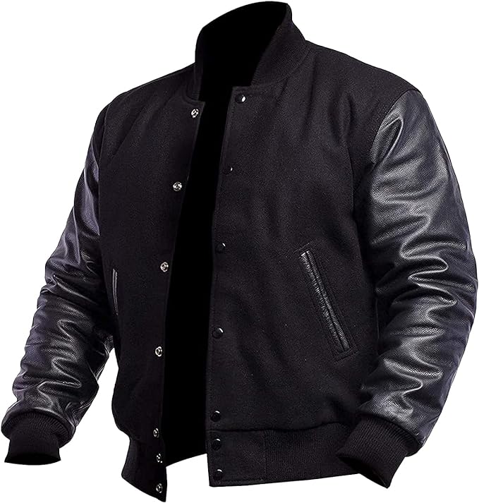 Mens Varsity Wool + Leather Sleeves Jacket - High School College Letterman Baseball Bomber Jacket