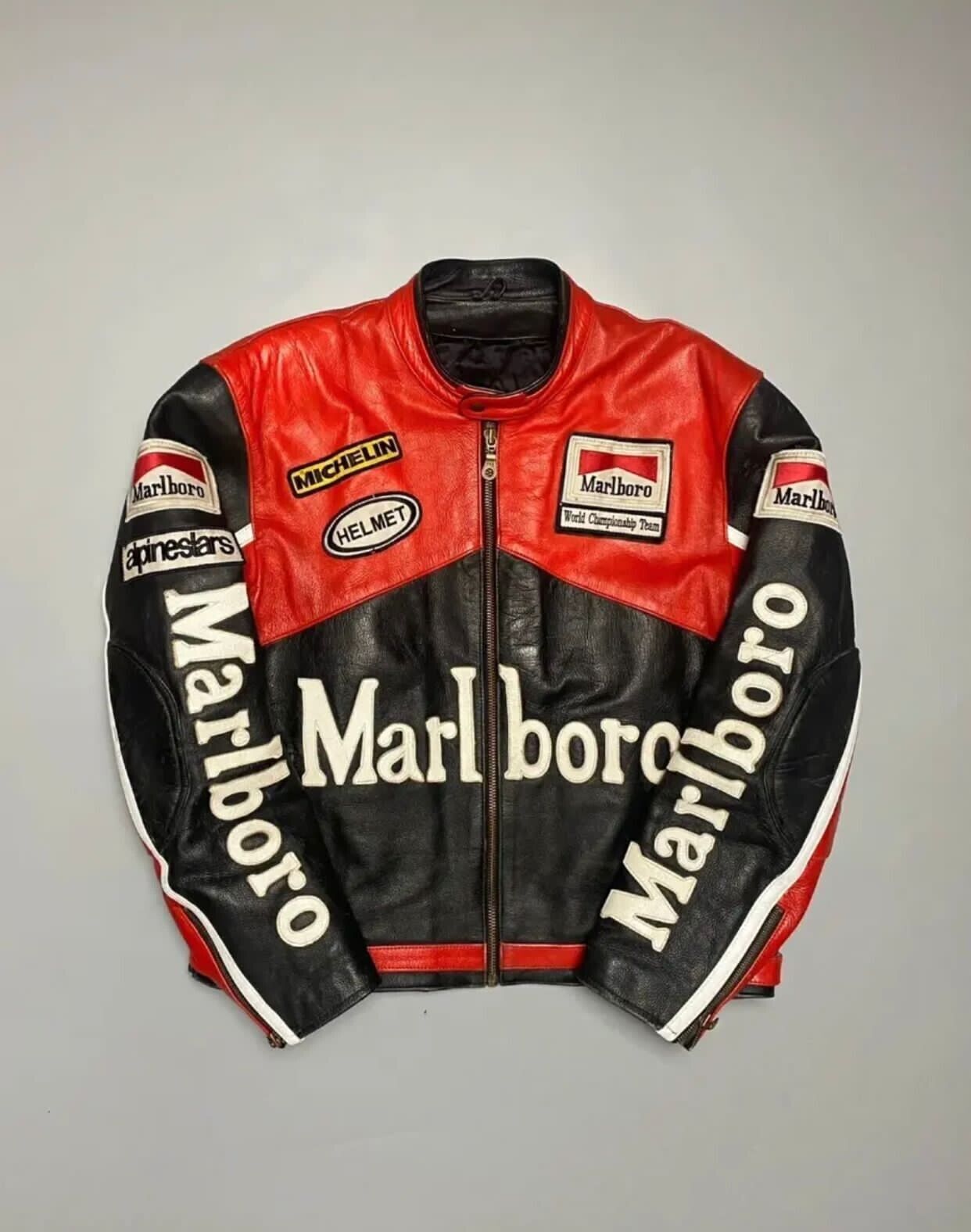 Men Marlboro Leather Jacket Vintage Racing Rare Motorcycle Biker Leather Jacket