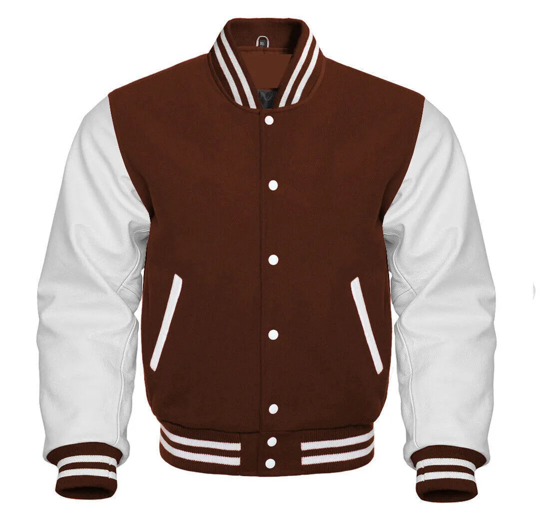 Varsity Brown Letterman Baseball Wool & White Real Leather Sleeves Jacket