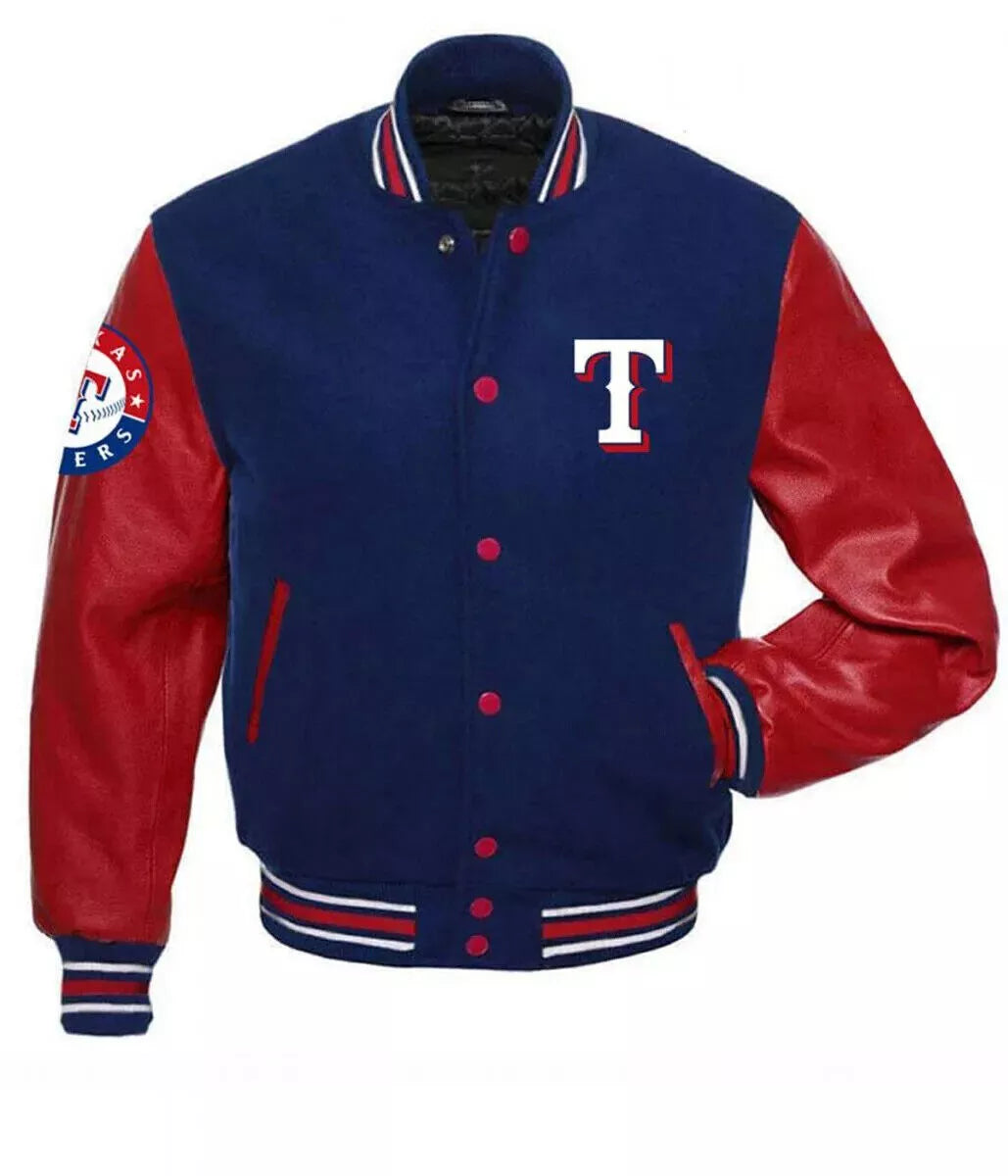 Letterman Texas Rangers Varsity Jacket With Real Leather Sleeves