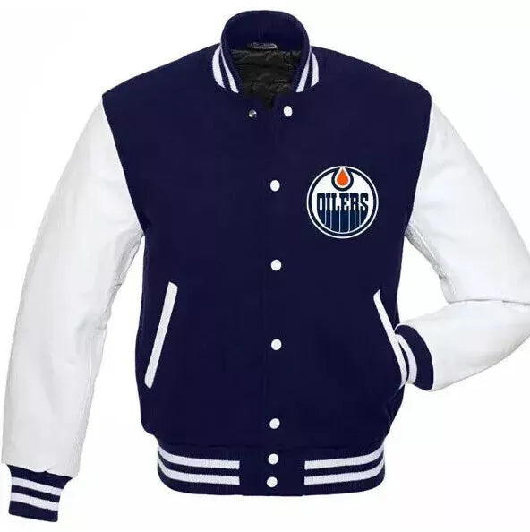 NHL-Edmonton Oilers Letterman Varsity Jacket Navy Genuine Wool &Leather Sleeves