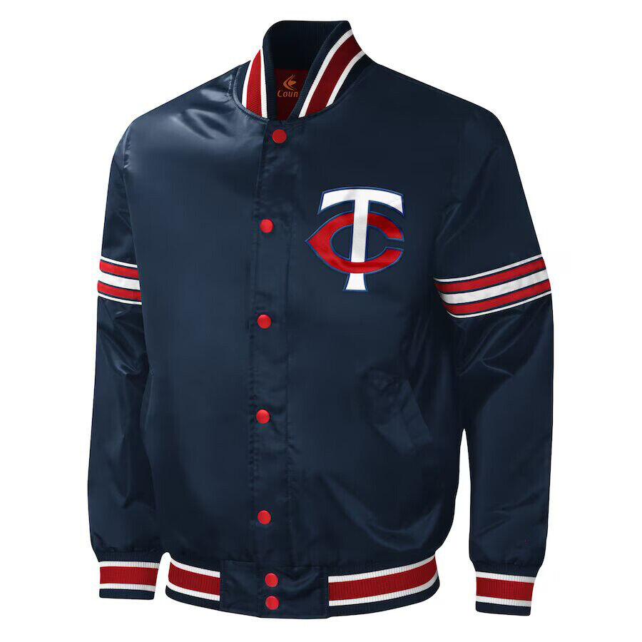 MLB Minnesota Twins Navy Blue Satin Bomber Letterman Baseball Varsity Jacket