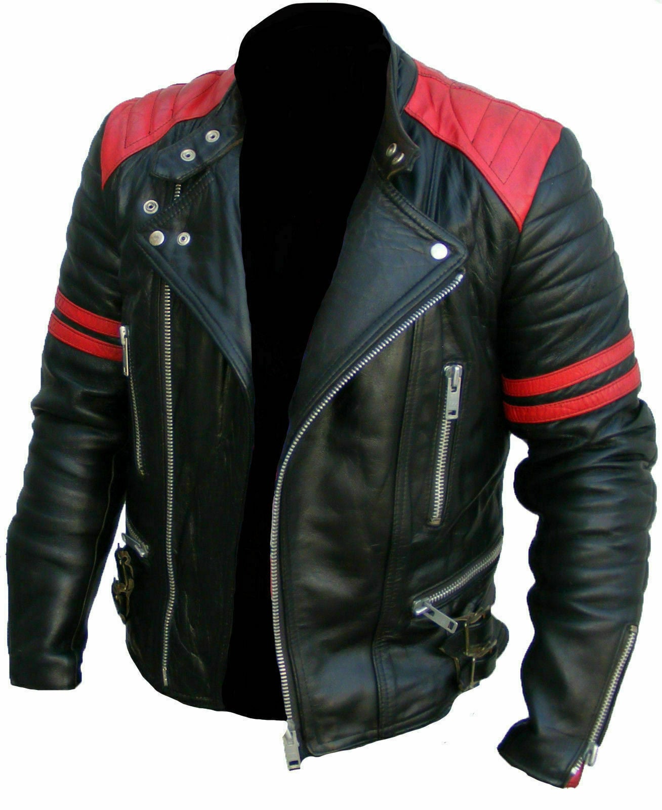 Mens leather Jackets Soft Biker-Style Moto Classic Design Red and Black Vintage